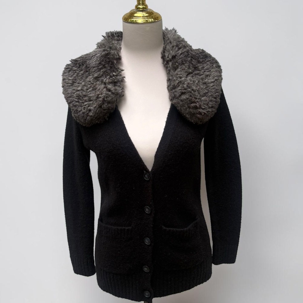 Banana Republic Cardigan XS Black Faux Fur Collar Merino Wool Blend Y2K Mobwife